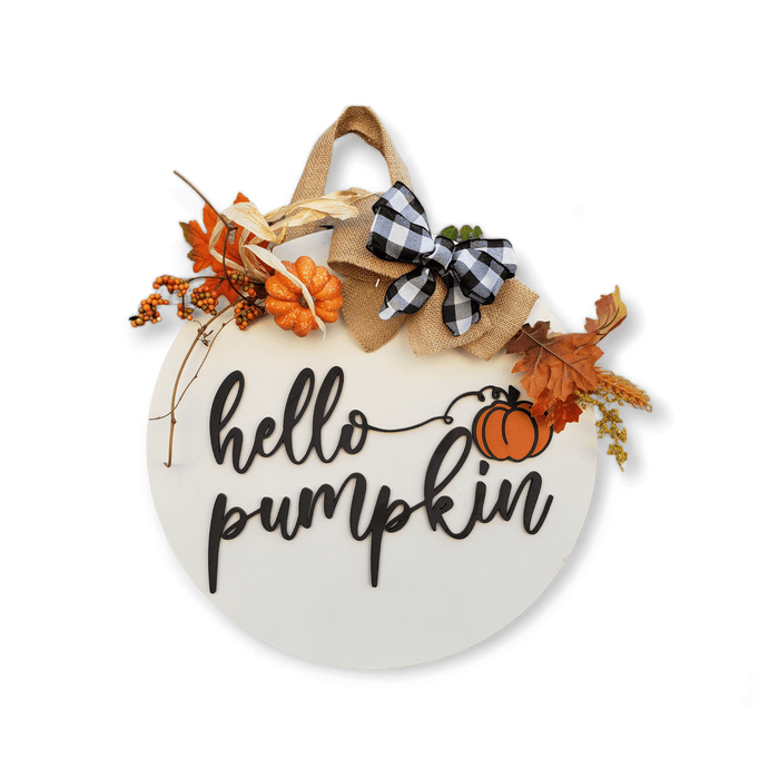 18" Hello Pumpkin - Wooden Door Hanger - Rustiva