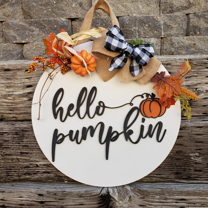 18" Hello Pumpkin - Wooden Door Hanger - Rustiva