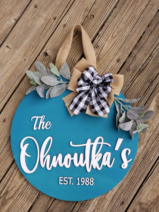 18" Personalized Wood Door Hanger - Last Name and Date - Rustiva