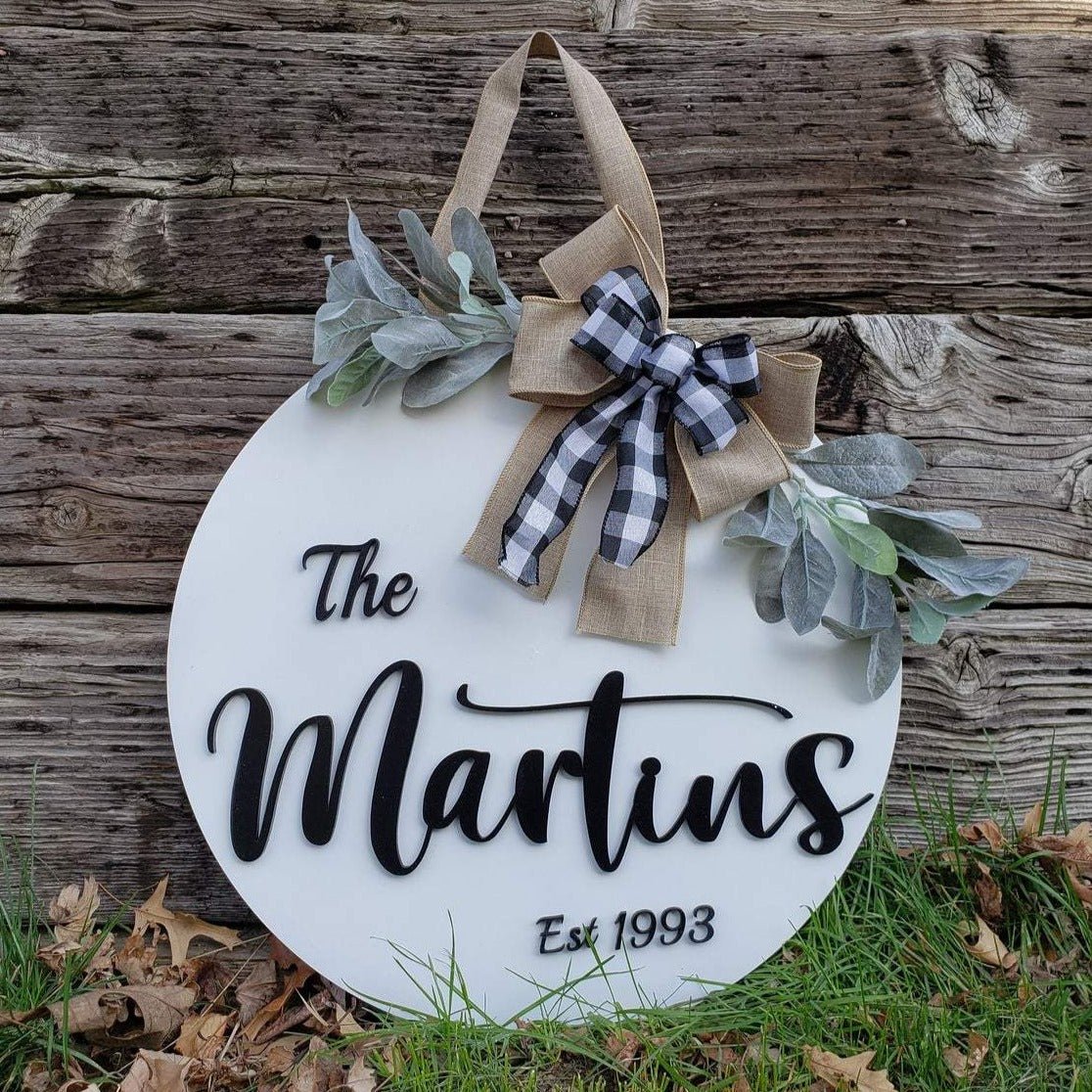 18" Personalized Wood Door Hanger - Last Name and Date - Rustiva