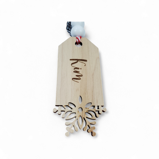 Custom Laser Cut Wood Stocking Tags - Snowflake design + Snowman beads - Semper-KIK