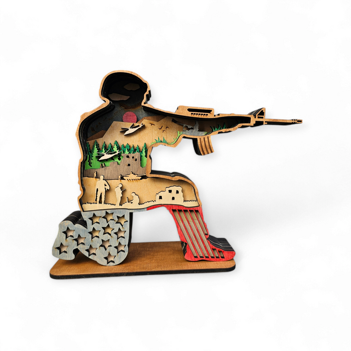 3D Sitting Soldier w/ Gun & Airplane Sign Layered Art