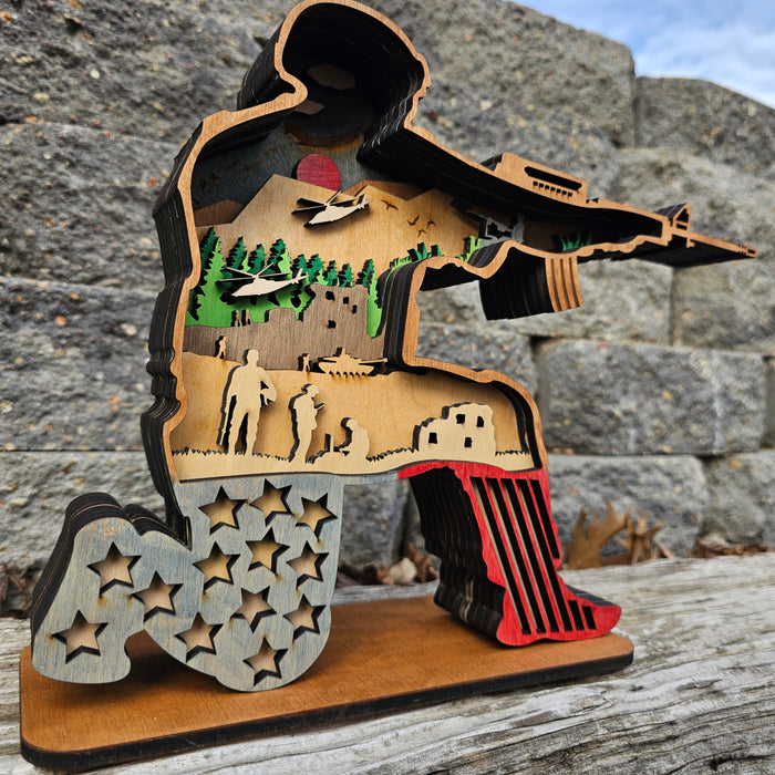 3D Sitting Soldier w/ Gun & Airplane Sign Layered Art