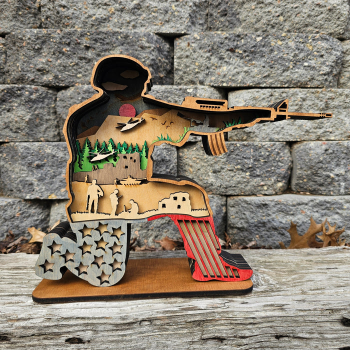 3D Sitting Soldier w/ Gun & Airplane Sign Layered Art