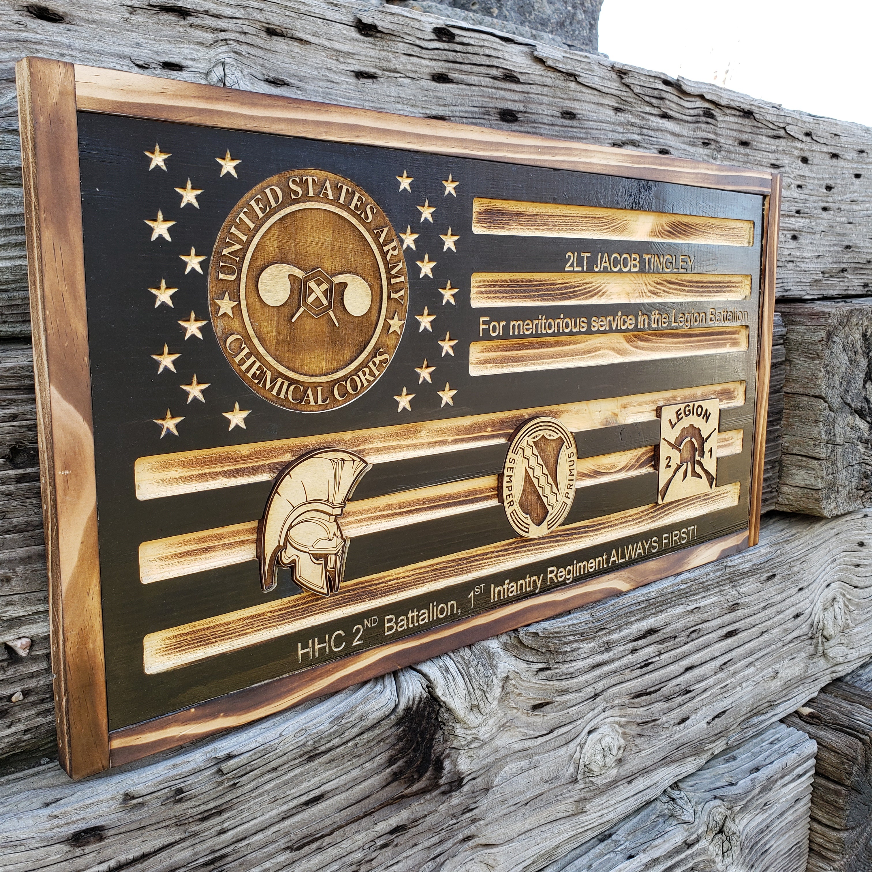 Rustic American Flag, US Carved Flag - Customized Logo, symbol - Chemical Corps U.S Army - Semper-KIK